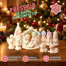 Presépio de Natal Kit Completo com 9 peças brancas sobre mesa de Natal